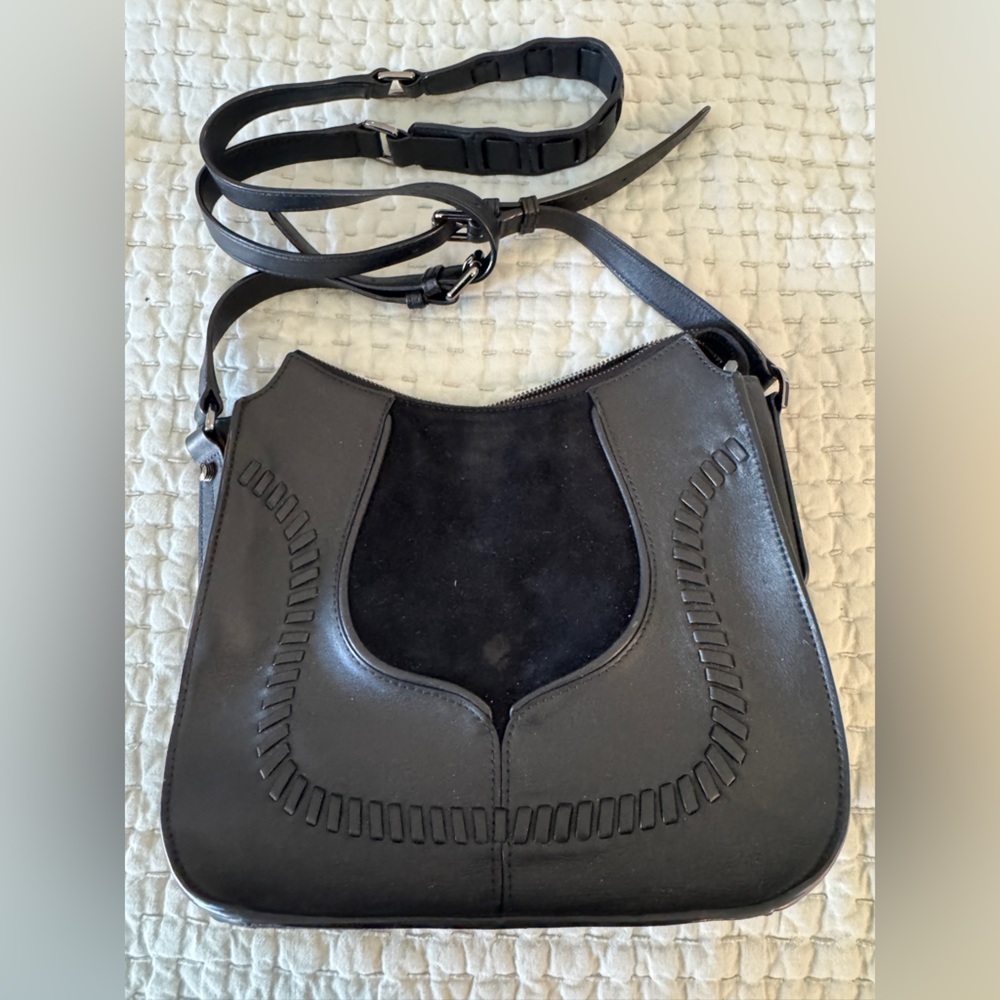Botkier Black Leather and Suede Adjustable Crossbody or Shoulder Bag